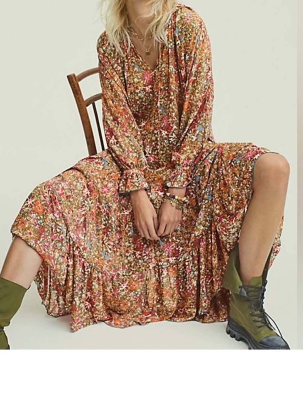 Free People Feeling Groovy Floral Tiered Boho Sheer Long Sleeve  Maxi Dress  XL - Picture 2 of 11
